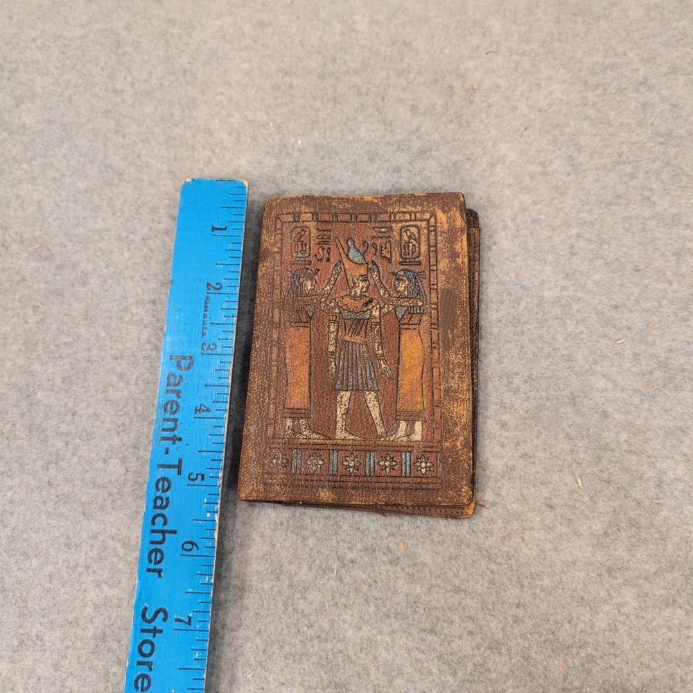 Vintage Egyptian Revival Hand Painted Leather Bifold Wallet Brown Camel Leather - Picture 6 of 6